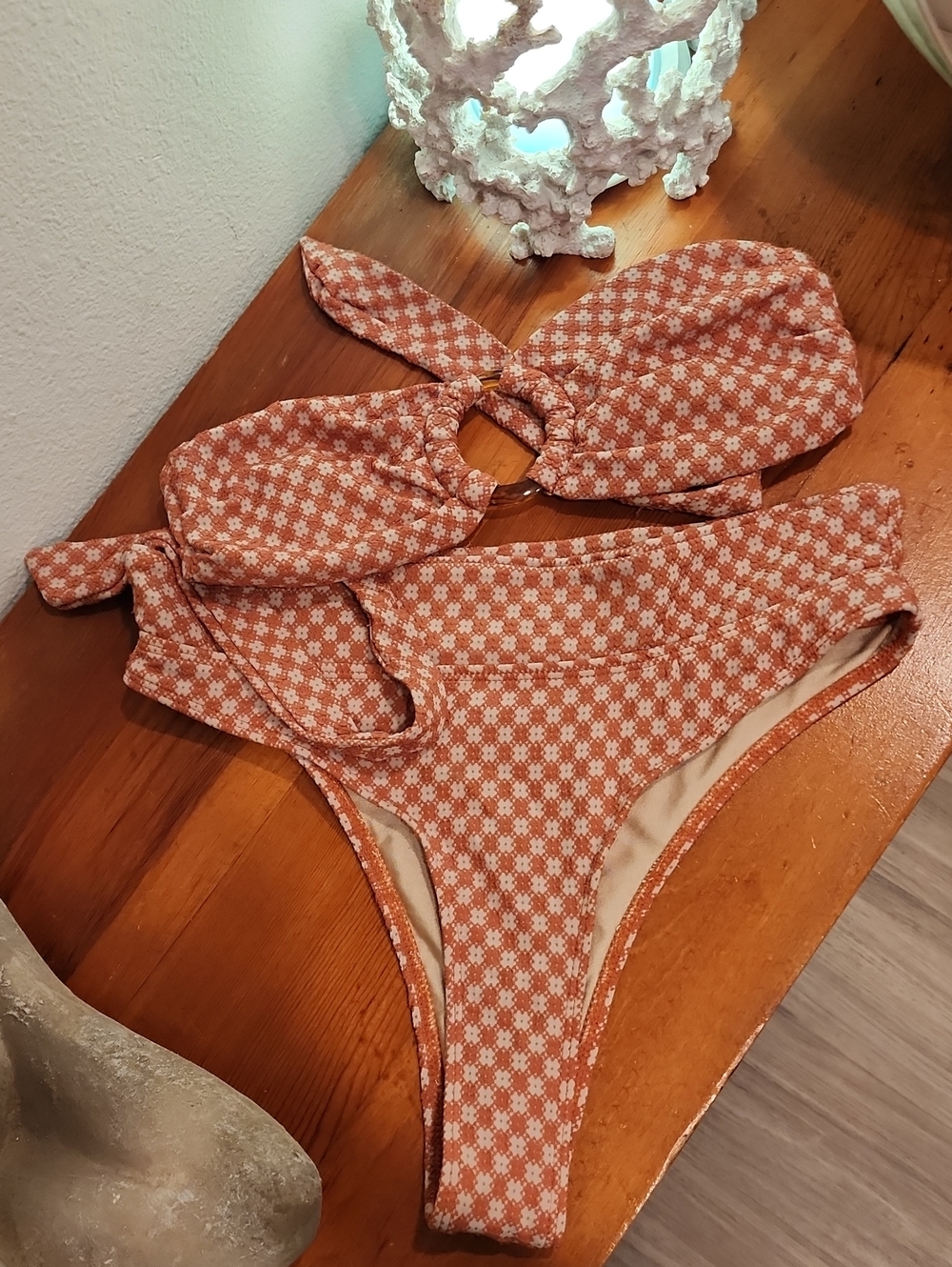 Sanori Swim SZ Small Rust Orange Floral Textured High Rise Bikini Set